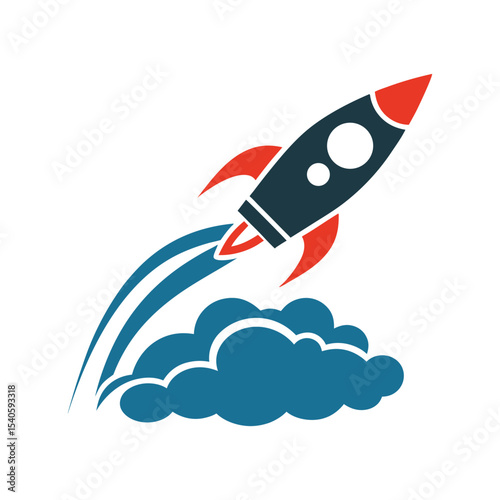 Red and Teal Rocket Launching from Cloud Icon blue 1