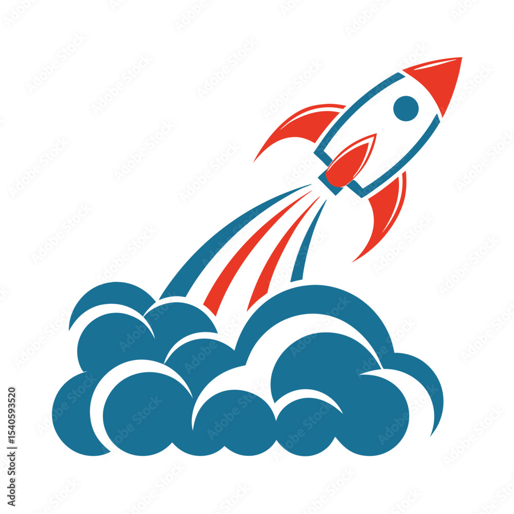 Naklejka premium Red and Teal Rocket Launching Through Blue Smoke Clouds