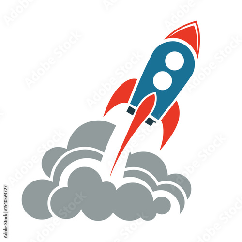 Red Blue Rocket Launching Through Grey Smoke Cloud