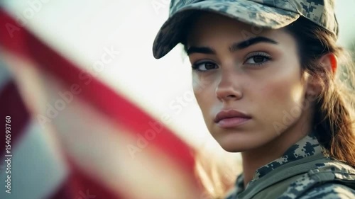 A proud American female soldier in uniform stands strong against the national flag, embodying patriotism and resilience.