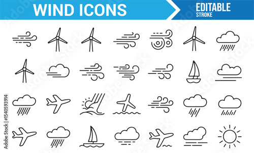Line Art Icons for Wind and Weather: Clouds, Gusts, and Airplane Symbols