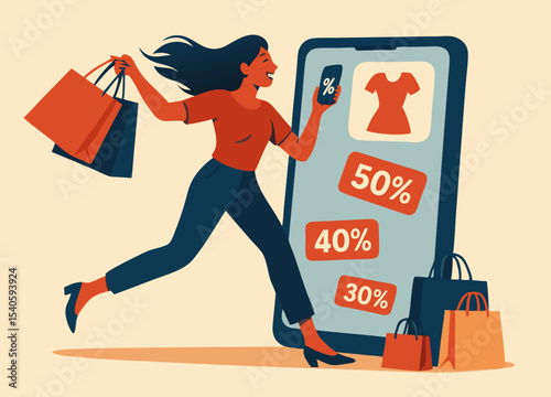 Excited Woman Shopping and Discount Sale on Mobile App