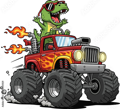 Green Dinosaur in Red Monster Truck with Flames red truck