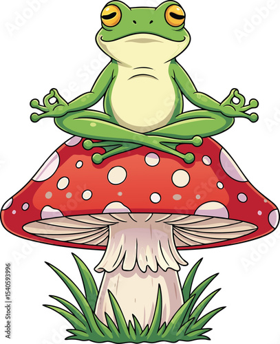Green Frog Meditating on Red Toadstool Mushroom red mushroom