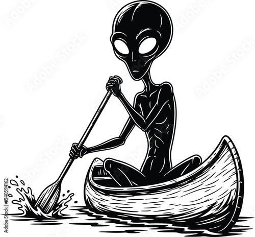 Grey Alien Paddling Canoe Black White Illustration
