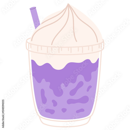 Purple soda float with whipped cream and lavender straw in clear cup