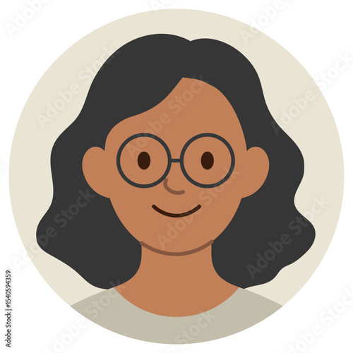 Cartoon avatar of smiling young black woman with wavy hair and glasses isolated on pastel background