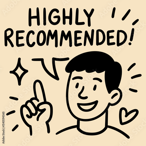 Doodle man with speech bubble highly recommended positive review hand drawn style