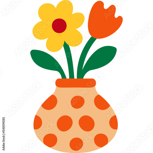Cartoon orange vase with polka dots and colorful flowers flat floral illustration