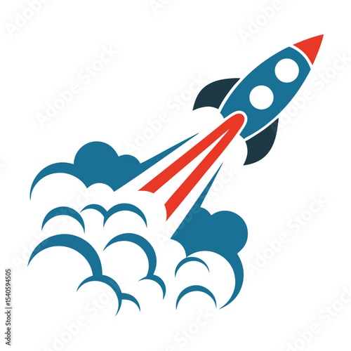 Teal Blue Rocket Launching Red Flame White Smoke Space Flight Icon 1