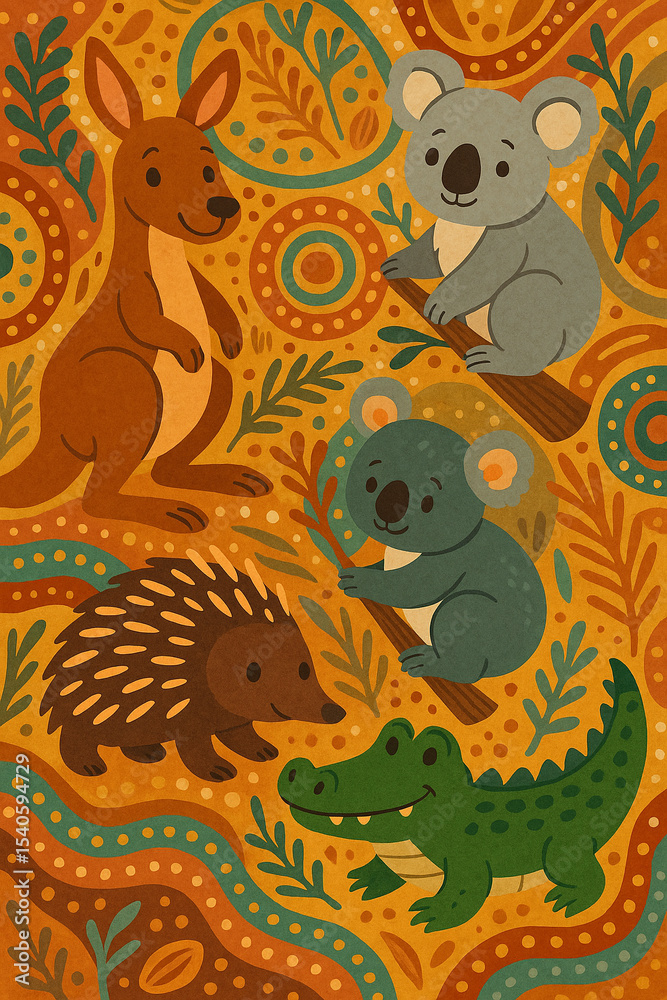 Obraz premium Aboriginal-Inspired Australian Wildlife Illustration for children.