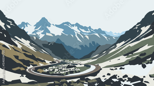 Vector illustration of the Stelvio Pass in the Italian Alps, showing a winding mountain road, rocky cliffs and snow-capped peaks under a clear sky