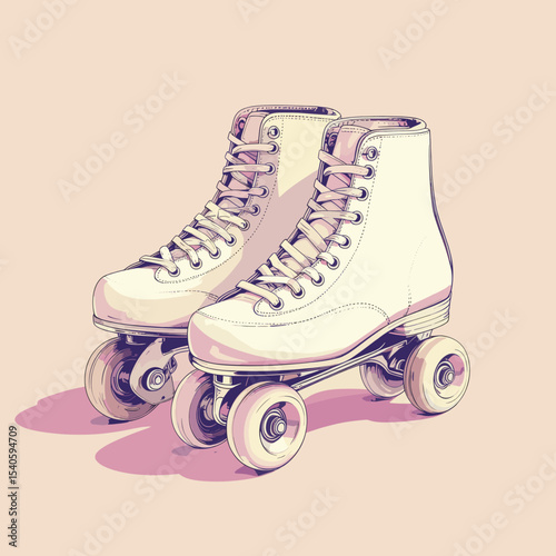Vintage white roller skates illustration with retro pastel tones in nostalgic vector art style