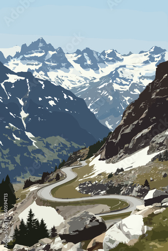 Vector illustration of the Stelvio Pass in the Italian Alps, showing a winding mountain road, rocky cliffs and snow-capped peaks under a clear sky