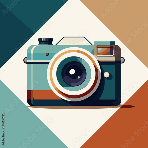 Retro vintage camera illustration in colorful geometric background with flat design vector style