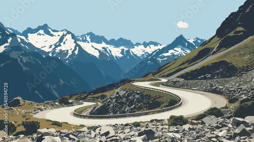Vector illustration of the Stelvio Pass in the Italian Alps, showing a winding mountain road, rocky cliffs and snow-capped peaks under a clear sky