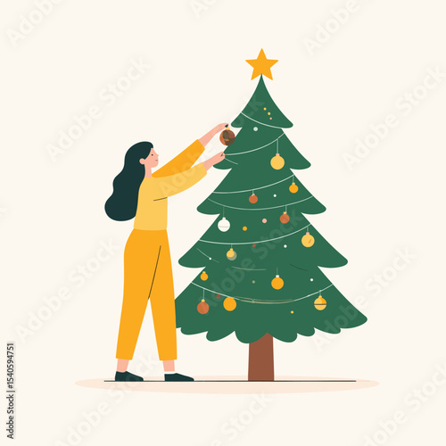 Woman decorating Christmas tree with ornaments and star in festive holiday flat vector illustration