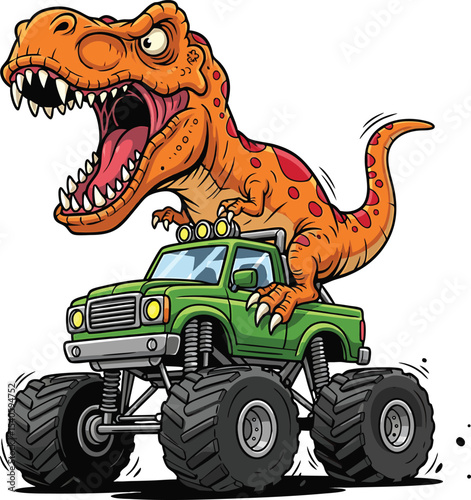 Orange Tyrannosaurus Rex on Green Monster Truck t rex