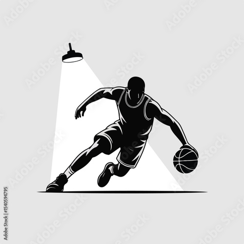 Black Silhouette Vector of a Street Basketball Player Dribbling One-Handed, Leaning Forward — Urban Style, Bold Flat Design on White Background
