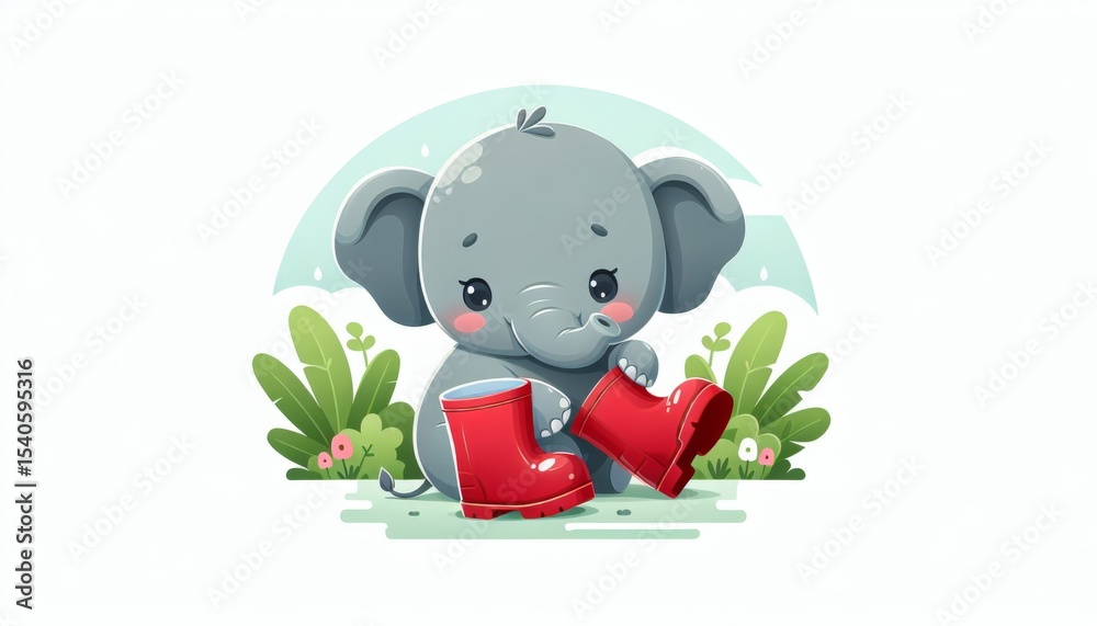 Fototapeta premium Cute Baby Elephant Putting on Red Rain Boots