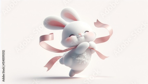 Cute Fluffy White Bunny with Pink Ribbon Jumping