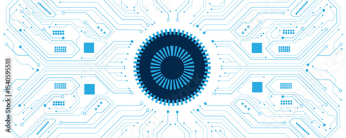 AI circuit board with electronic elements on blue backdrop. UI and GUI design. Futuristic hi-tech panel of connected lines. FinTech background. Vector illustration. EPS 10