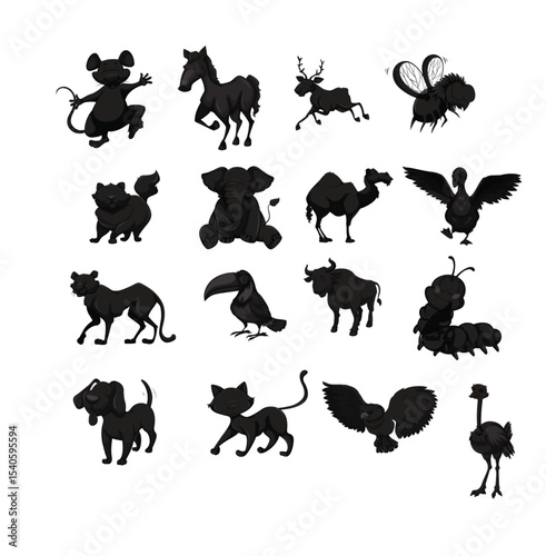 Silhouette elephant tiger bear giraffe flamingo pelican goose on a white background