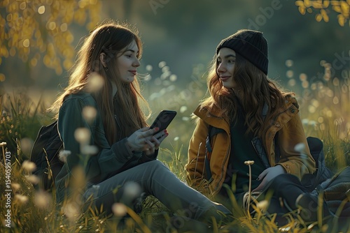 Detailed Image of Women with Gadgets Spend Time Outdoors