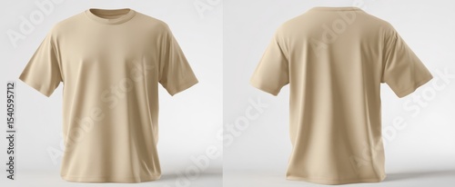 The beige t-shirt displayed from the front and back angles in a studio setting.