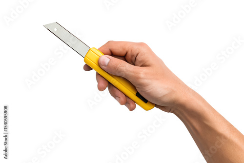 Hand holding a yellow utility knife isolated on transparent background