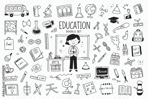 Teacher at chalkboard with school and science doodle icons Vector