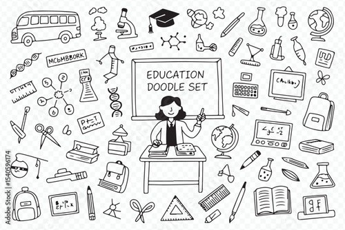 Black and white education doodle background with teacher and school icons Vector