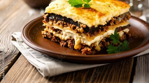 Moussaka layered casserole with eggplant, ground meat, and creamy bechamel sauce served on brown plate on wood table, parsley garnish