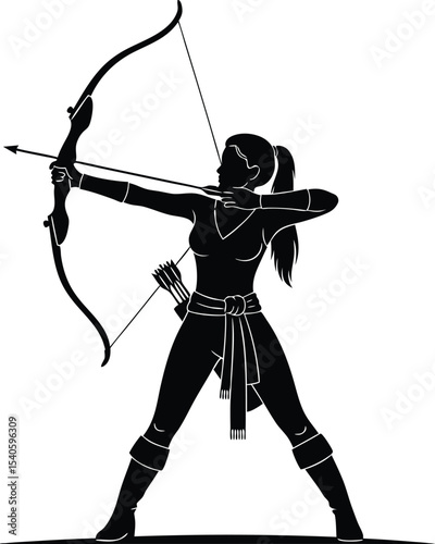 Woman Archer Silhouette Black and White Bow and Arrow