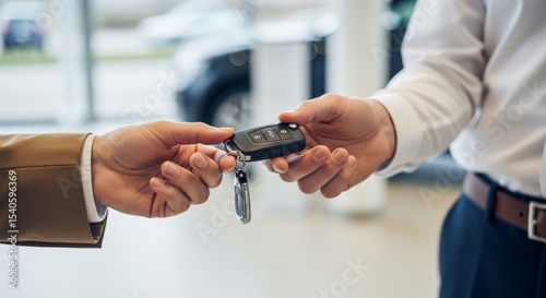 Close-up of two hands exchanging a car key, symbolizing a car purchase, rental, or handover. Ideal for automotive, real estate, and transaction themes. photo