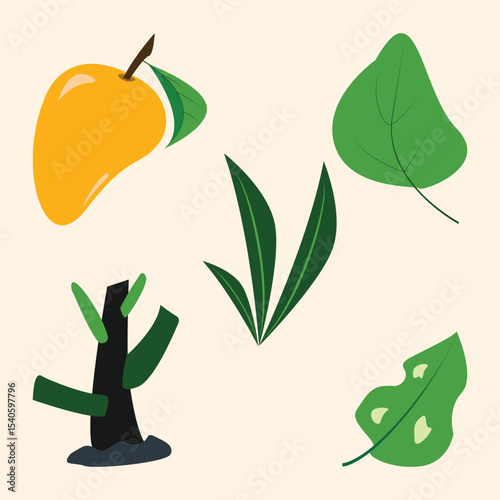 Colorful Mango and Tropical Leaves Vector illustration Set, Summer minimal hand drawn Flat Illustration 
