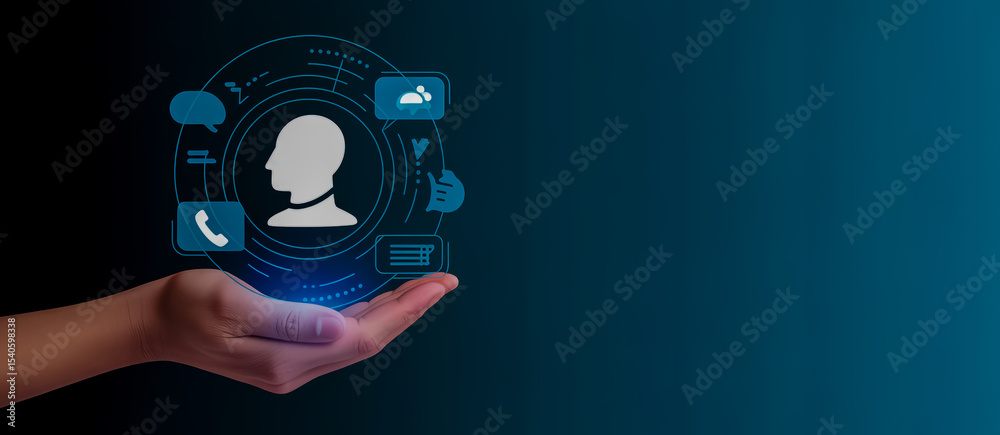Fototapeta premium Hand holding AI technology interface for customer service and support communication concept design