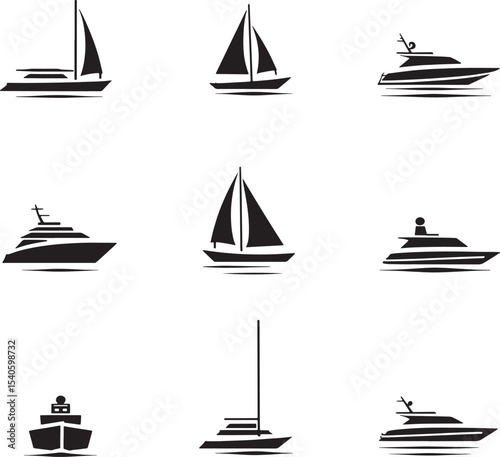Set of Luxury Boat and Sailboat Silhouettes – Vector Illustration