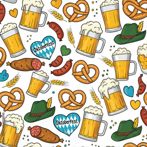 Octoberfest elements seamless pattern. Background with beer, pretzel, beer, sausage and other German food. Traditional Bavarian decoration