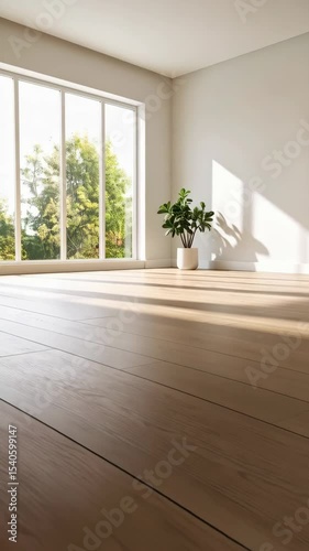 Wallpaper Mural Sunlit empty room with wooden floor, potted plant and large window looking out to green trees, bright interior space for design Torontodigital.ca