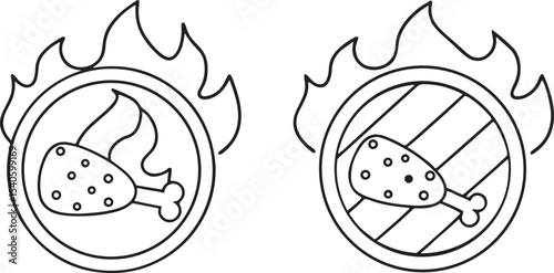 Grilled Chicken Leg with Flame Icon Flat Vector for BBQ and Fast Food Theme