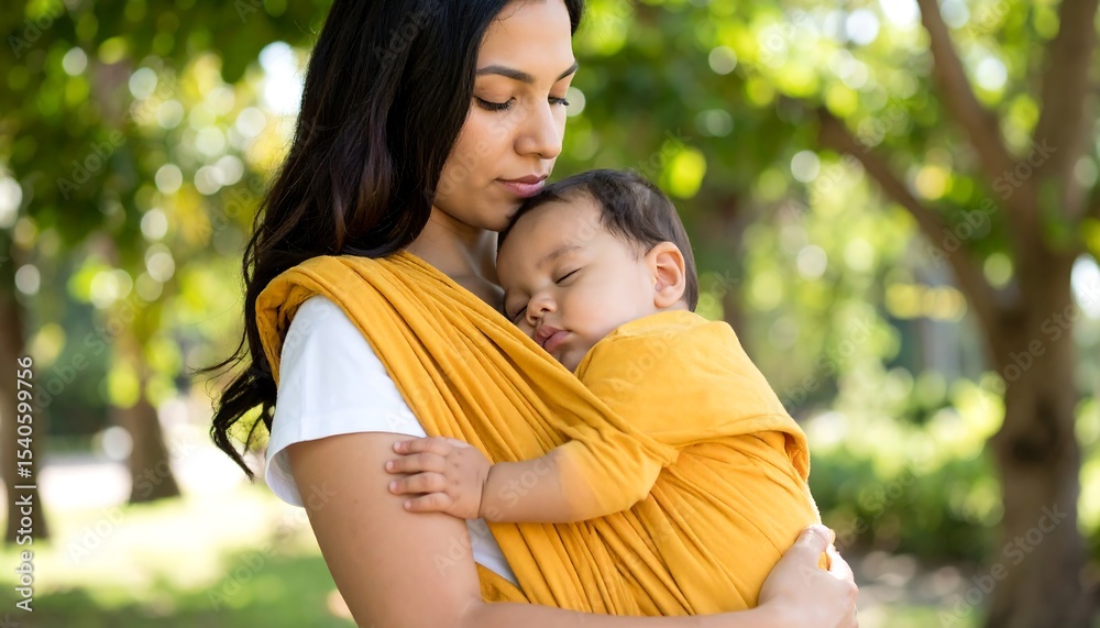 Mother holding sleeping baby outdoors. Mother holding sleeping baby outdoors.
