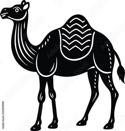 Cartoon illustration of a wild dromedary camel in the desert sand, an icon of nature and travel