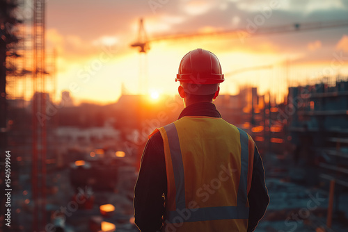 Construction worker watches the sunrise over a city skyline with a crane and unfinished buildings in the background.
