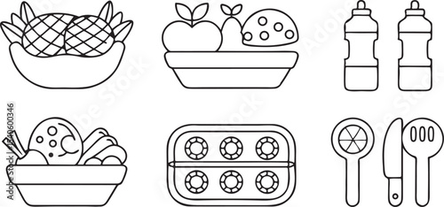 Healthy Meal Prep Icons Flat Vector with Salad Bowl Fruits and Water Bottle