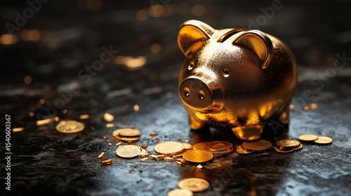 gold piggy bank and coins scattered around on black marble floor, Ecomony crisis concept.