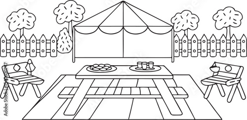 Summer Backyard BBQ Party Scene Vector with Tent Picnic Table and Grill Setup