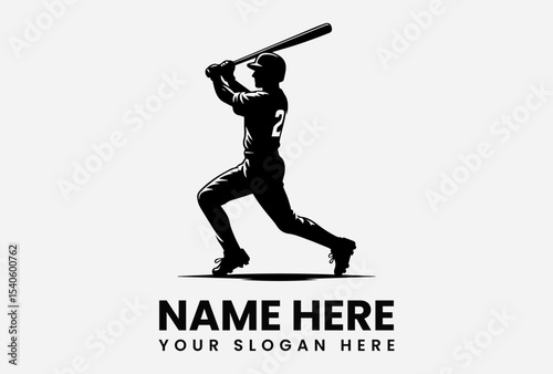Powerful baseball player silhouette, bat swinging, dynamic action pose, logo design template.