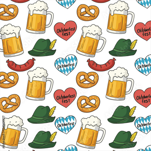 Octoberfest elements seamless pattern. Background with beer, pretzel, beer, sausage and other German food. Traditional Bavarian decoration