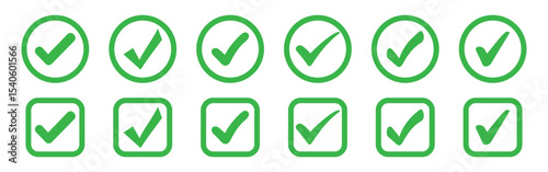 Green Approval symbol. check box icon with correct. accept green checkmark tick icon in box and circles. checklist signs, and an approval badge. vector illustration.